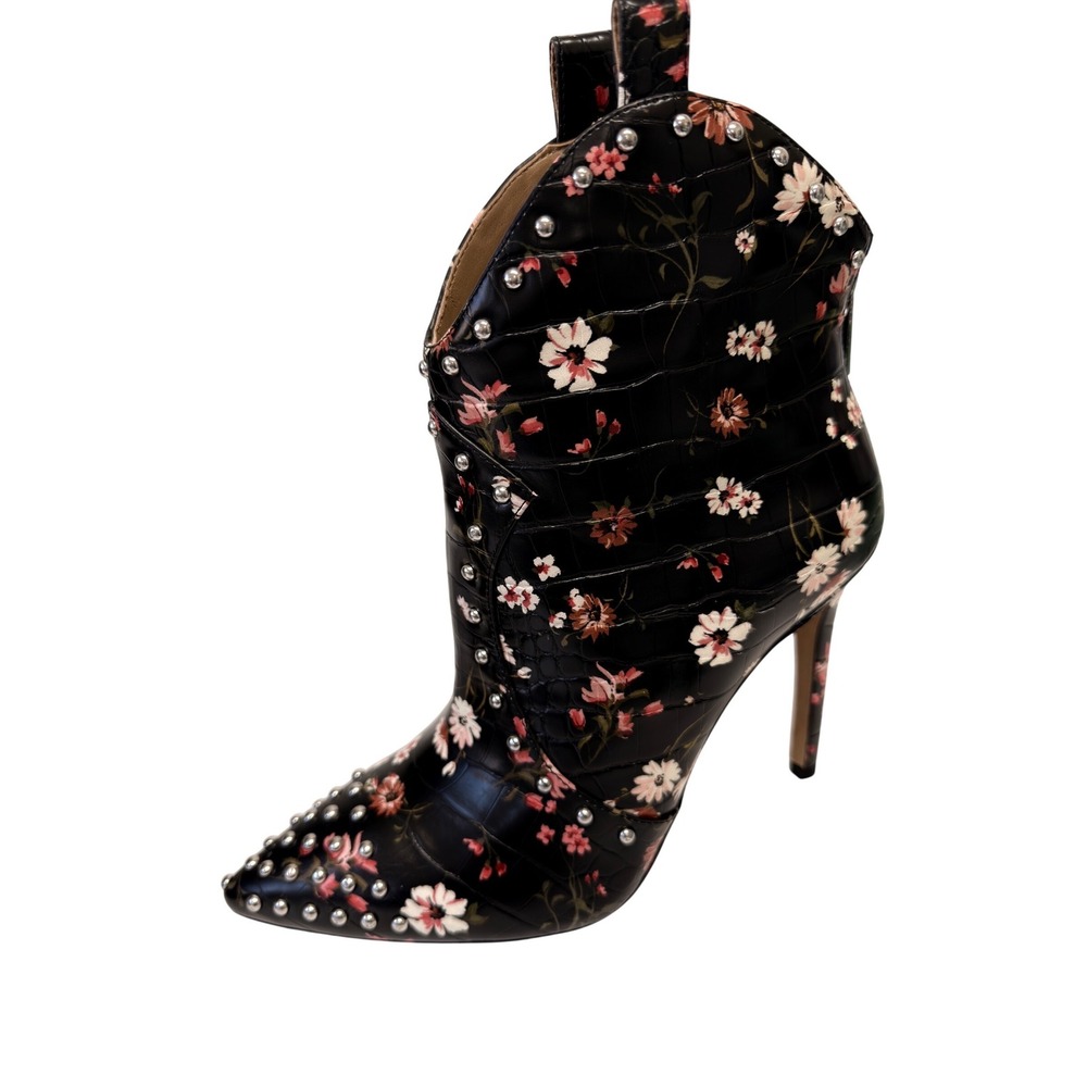 Jessica Simpson Black Floral Croc Studded Pointed Toe Stiletto Ankle Boots 7.5M - Picture 5 of 11